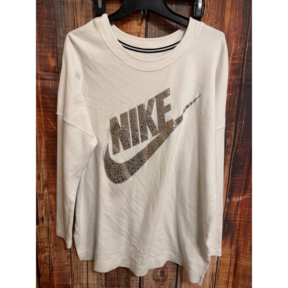 Nike Sportswear Women White Metallic Silver Gold Dot Logo Long Sleeve Top 805247
